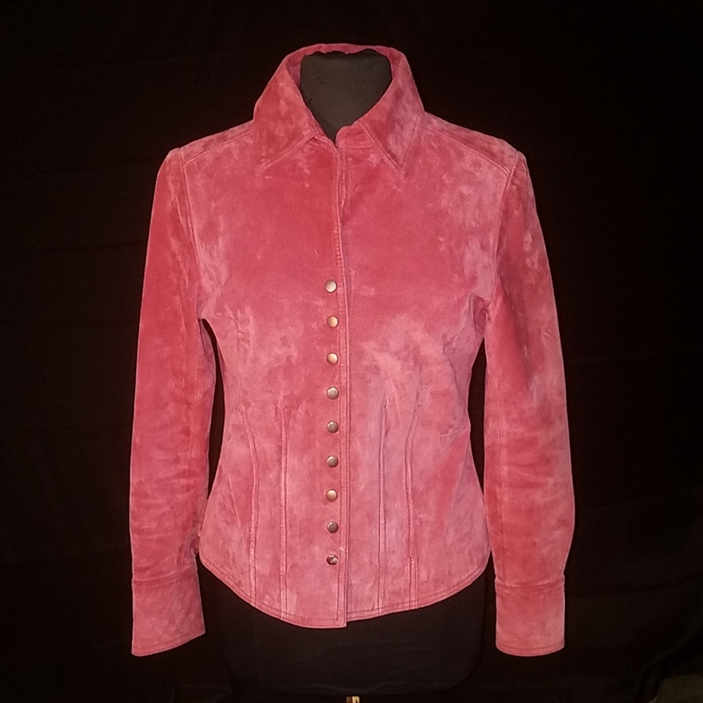 Leather shirt jacket with silver snaps